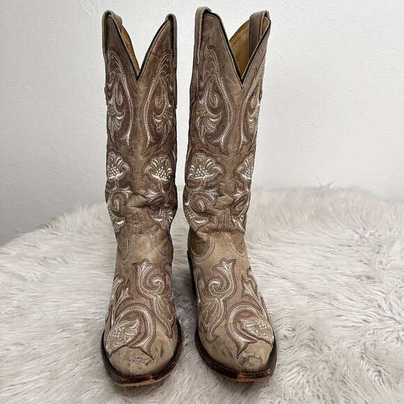 Corral Floral Full Stitched Cowboy Boots Beige Pull On Pointed Toe Leather 9.5 B - Picture 2 of 12